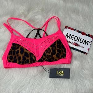 L&B Medium Leopard and pink rhinestone detailed sports bra